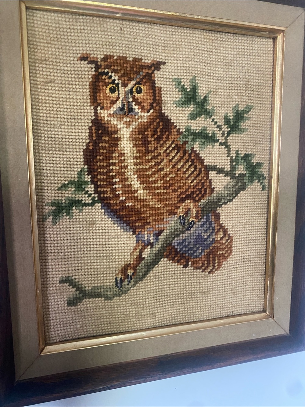 Vintage Framed Needlepoint Great Horned Owl - Picture 2 of 7